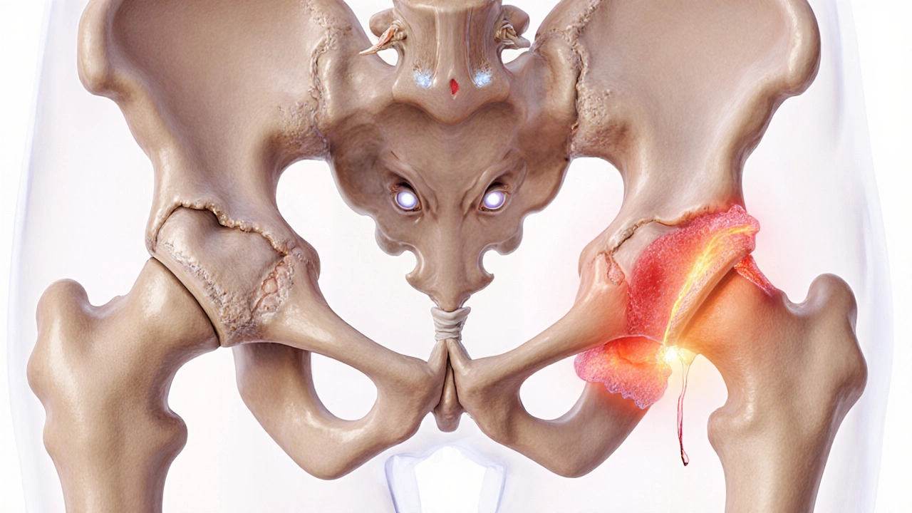 Anatomický záběr na kyčelní kloub ukazující opotřebenou chrupavku, zánětlivou burzu a trhlinu labra.