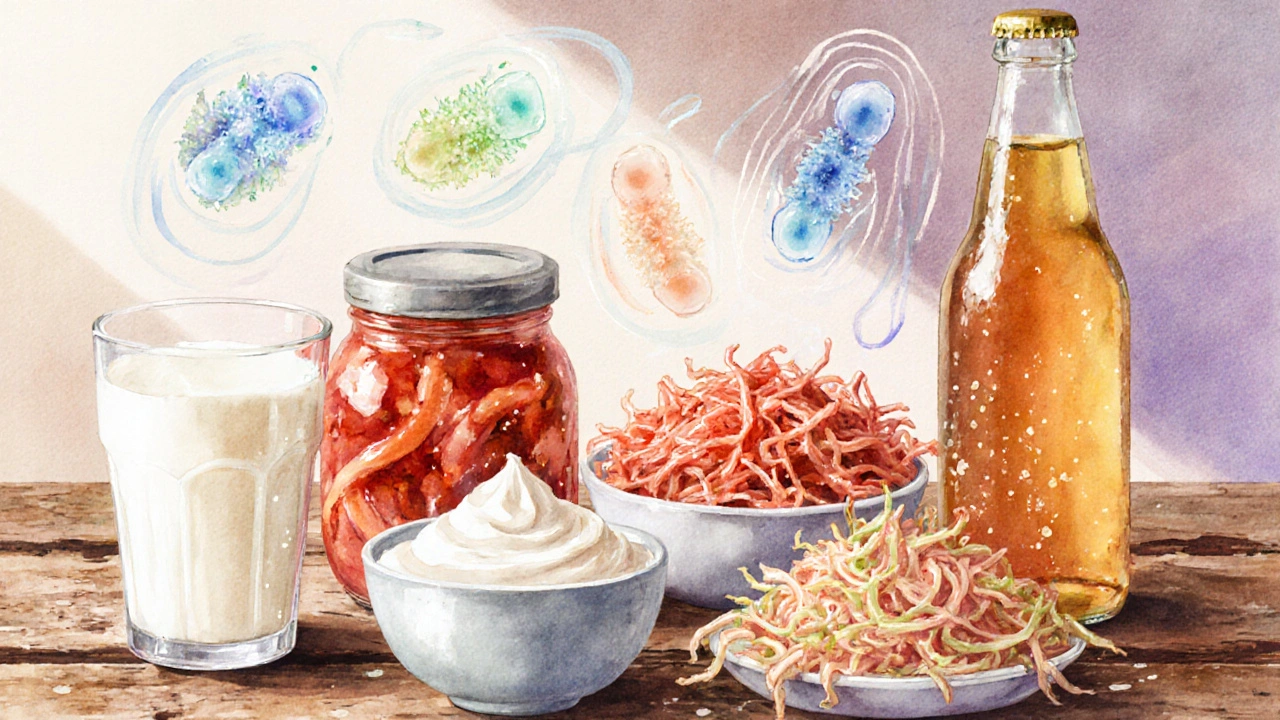 Barevný výběr probiotických potravin – kefír, jogurt, kimči, kysané zelí a kombucha s mikroby.
