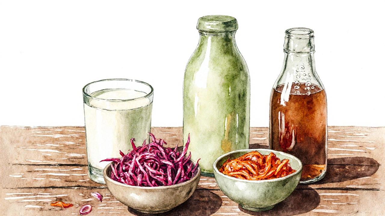 Ilustrace různých fermentovaných potravin – jogurt, kefír, kysané zelí, kimchi a kombucha.