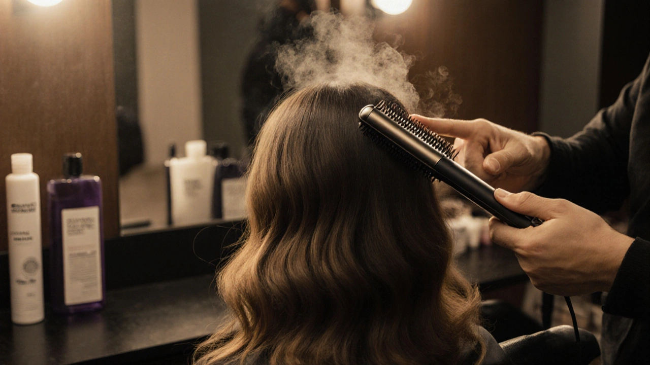 Kosmetička aplikuje keratinovou úpravu na vlasy ve škole s horkým ironem.