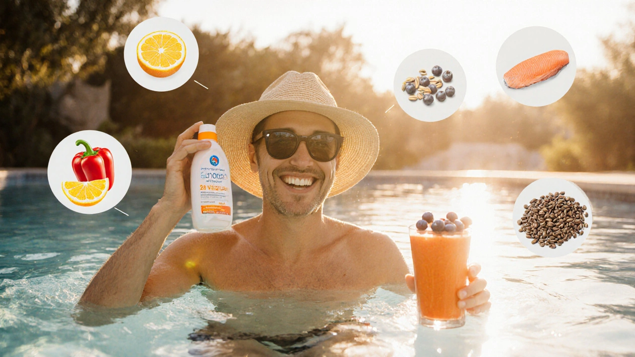 Osoba chránící pokožku slunečním krémem, pijící smoothie a cvičící, obklopena antioxidanty.