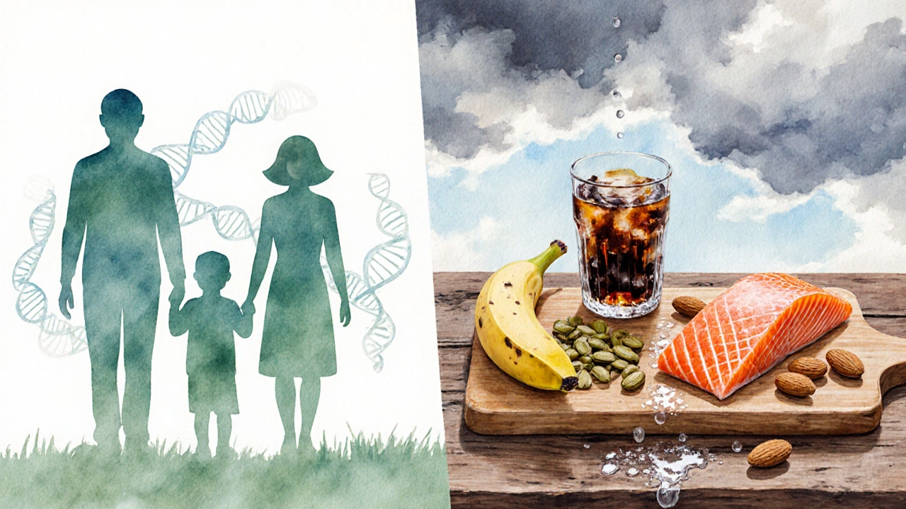 Rodinná silueta s DNA spirálou, vedle potravin bohatých na zinek a sklenice sladké limonády, stíny stresu.