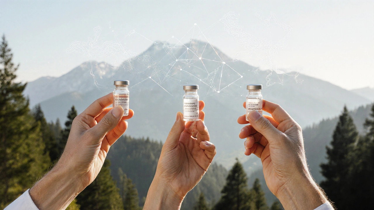 Tři ruce různých věkových skupin drží lahvičky s mořským kolagenem.