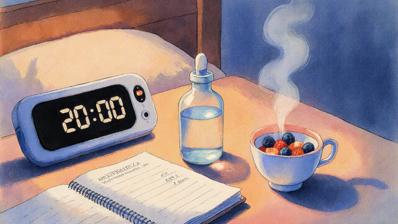 Večerní scénář: hodiny, antibiotika, sklenice vody, čaj a probiotický jogurt na nočním stolku.
