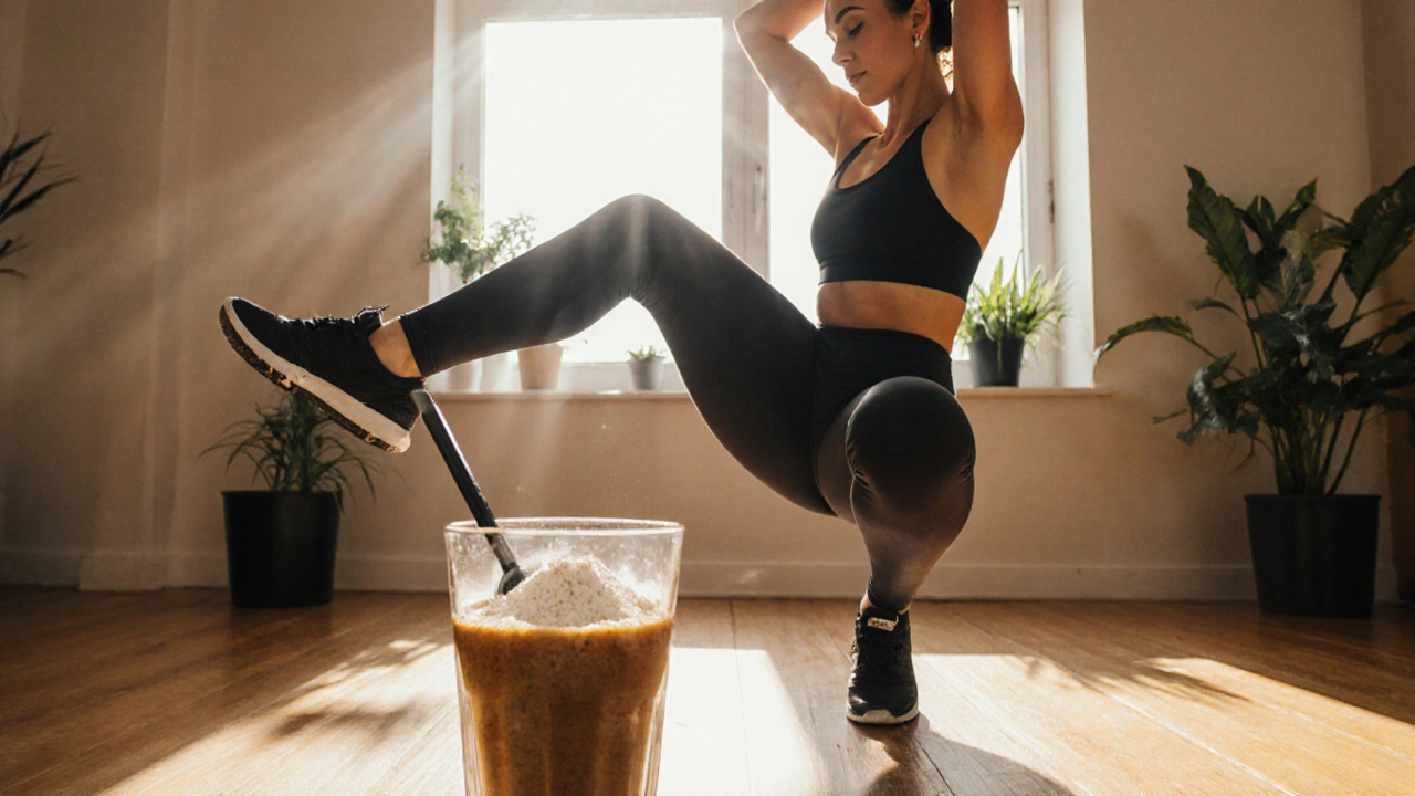 Žena cvičí posilovací cviky na kyčel a míchá prášek kolagenu do nápoje.