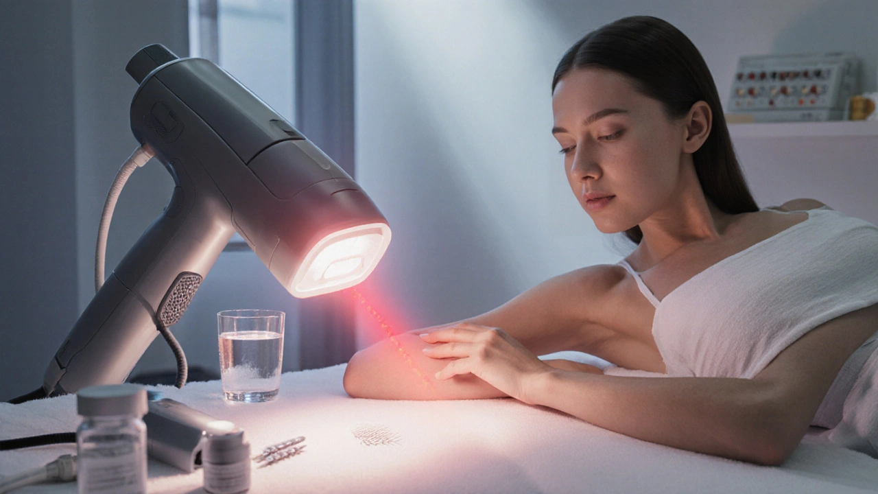 Žena v klinice pod laserovým paprskem, vedle elektrolýzního přístroje a doplňků, vyzařuje naděje.