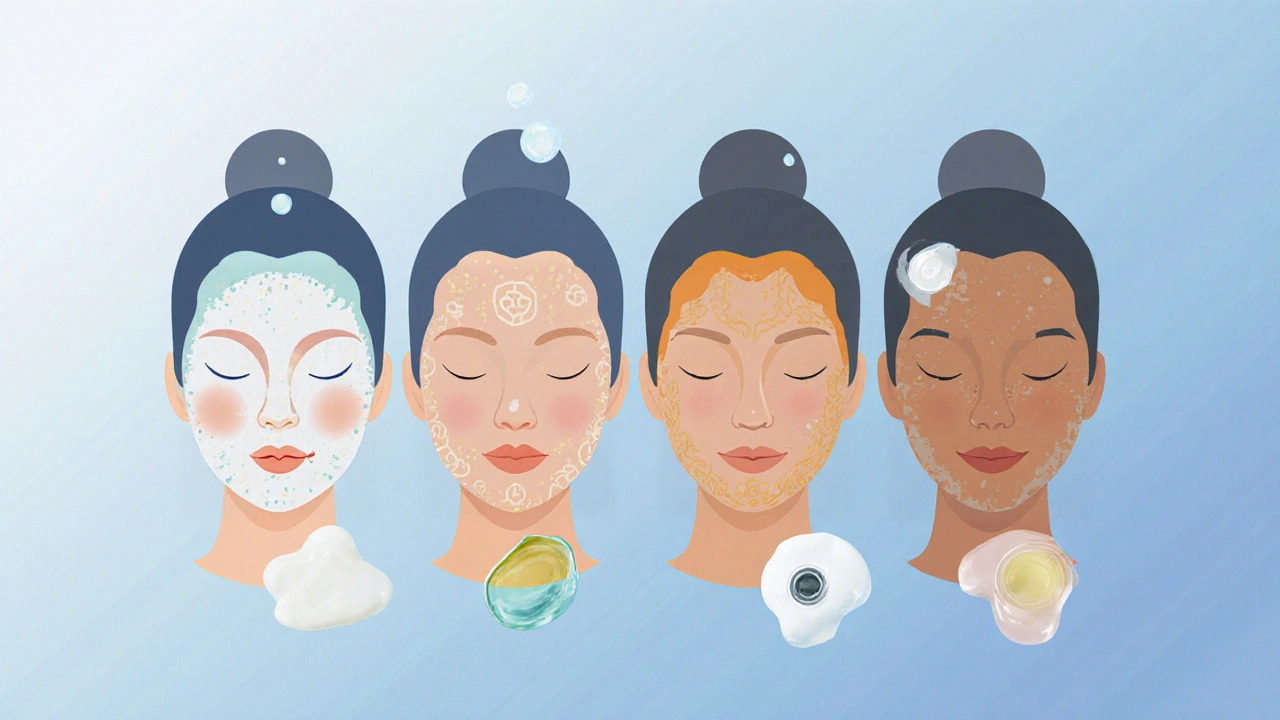 Abstraktní ilustrace čtyř typů pleti s odpovídajícími čisticími přípravky.