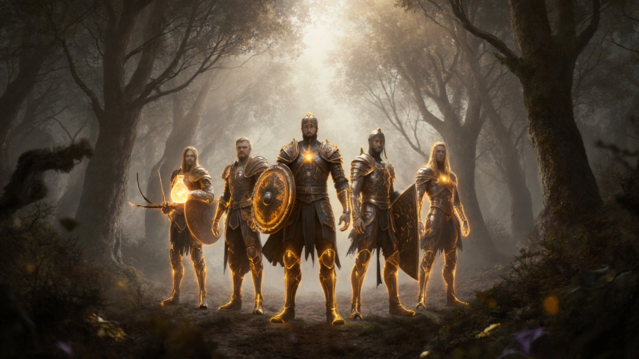 Abstraktní ilustrace imunitních buněk jako válečníků podporovaných vitamíny D, zinkem a C v lesní krajině.