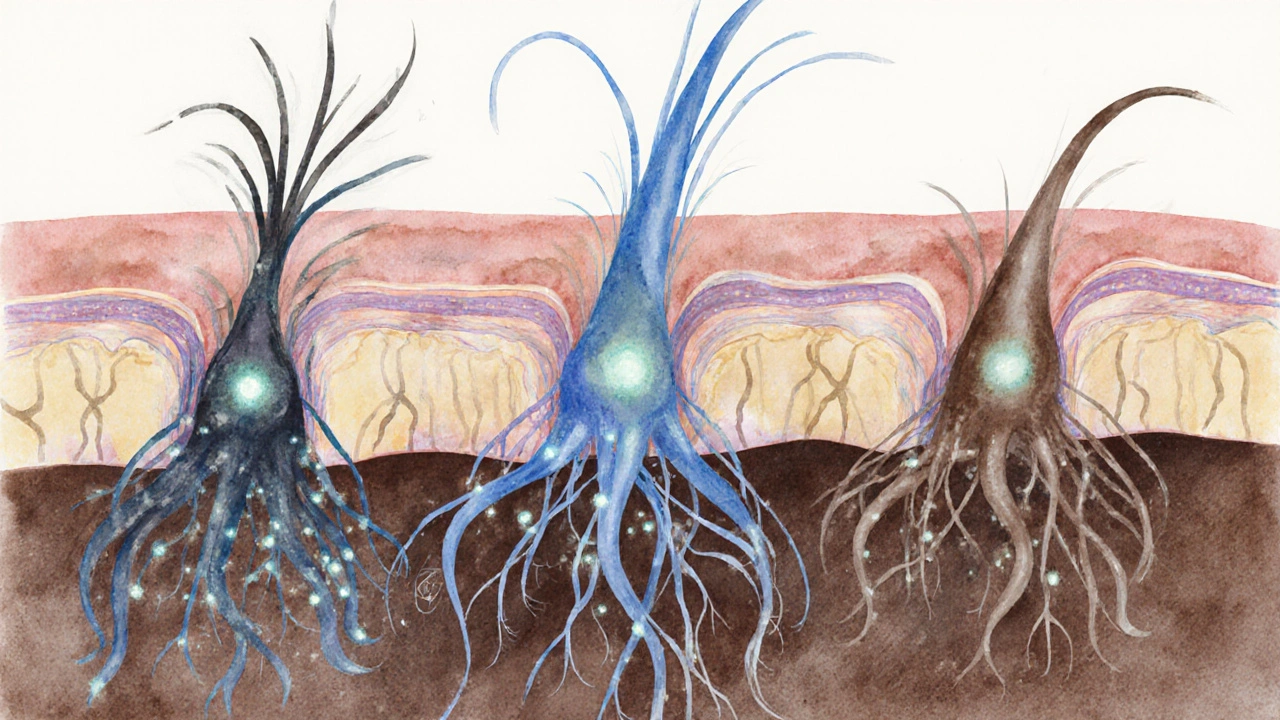 Abstraktní znázornění vlasového cyklu s třemi fázemi růstu, klidu a pádu.