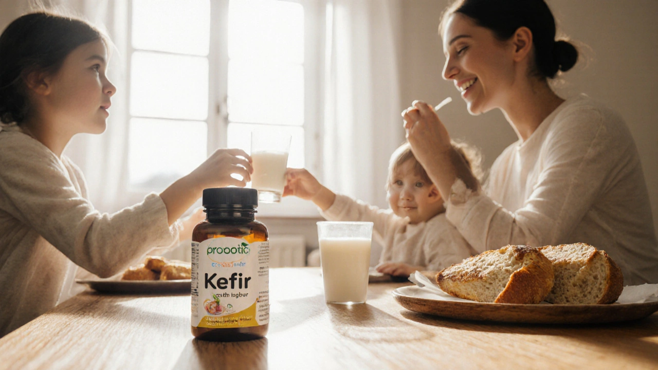 Česká rodina sní ráno kefír a probiotika, slunečné osvětlení, přirozená atmosféra.