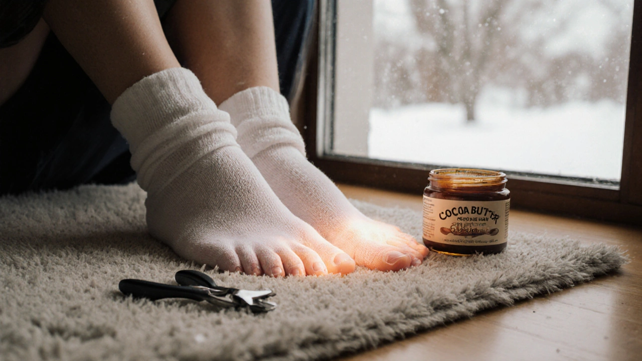 Čisté nohy v bavlněných ponožkách s hydratačním krémem a nástroji pro péči.