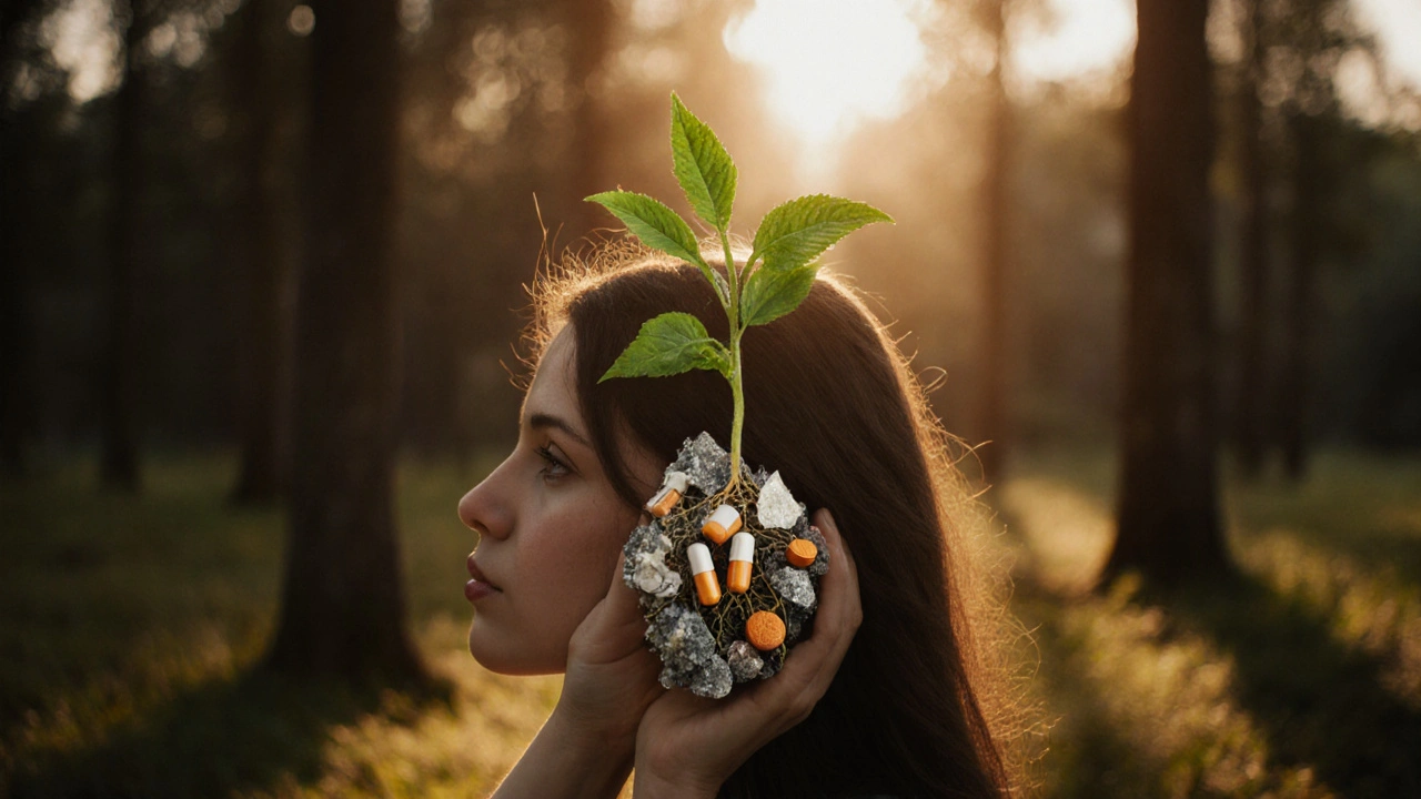 Člověk s rostoucí rostlinou z hlavy, kořeny tvořené vitamíny, symbolizující vnitřní výživu vlasů.