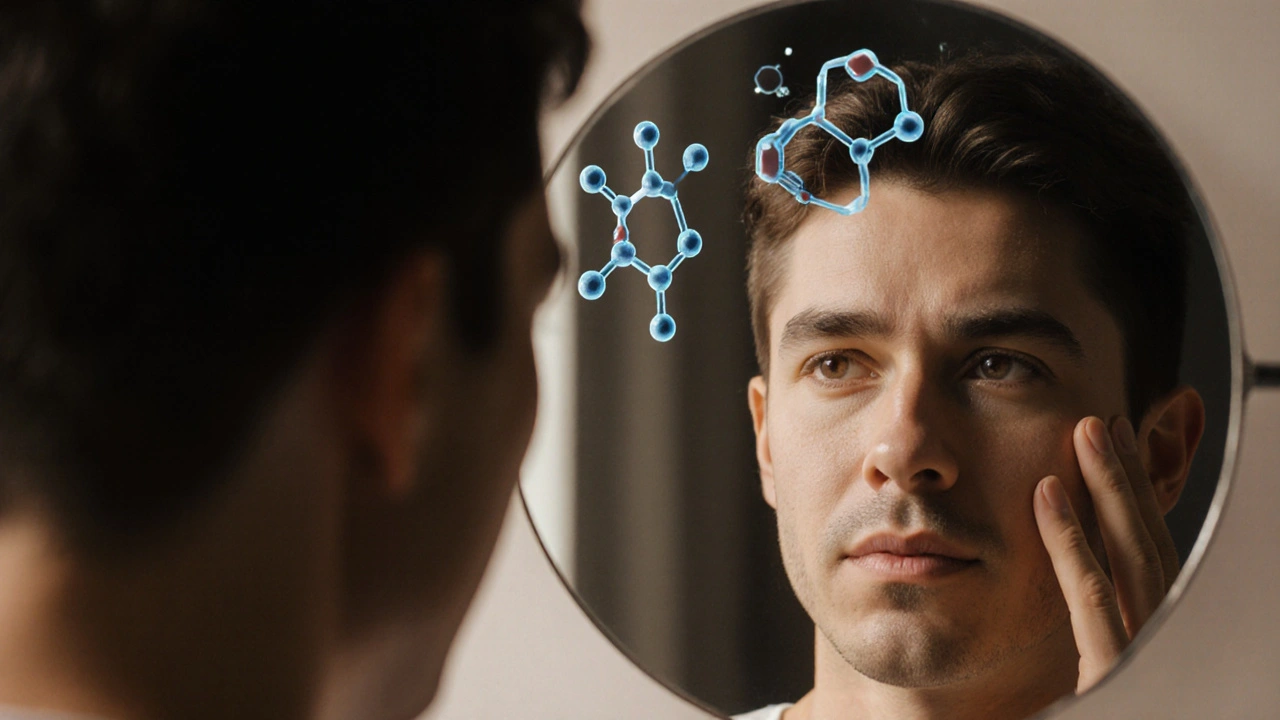 Člověk v zrcadle s porovnáním mladistvé a stárnucí pleti