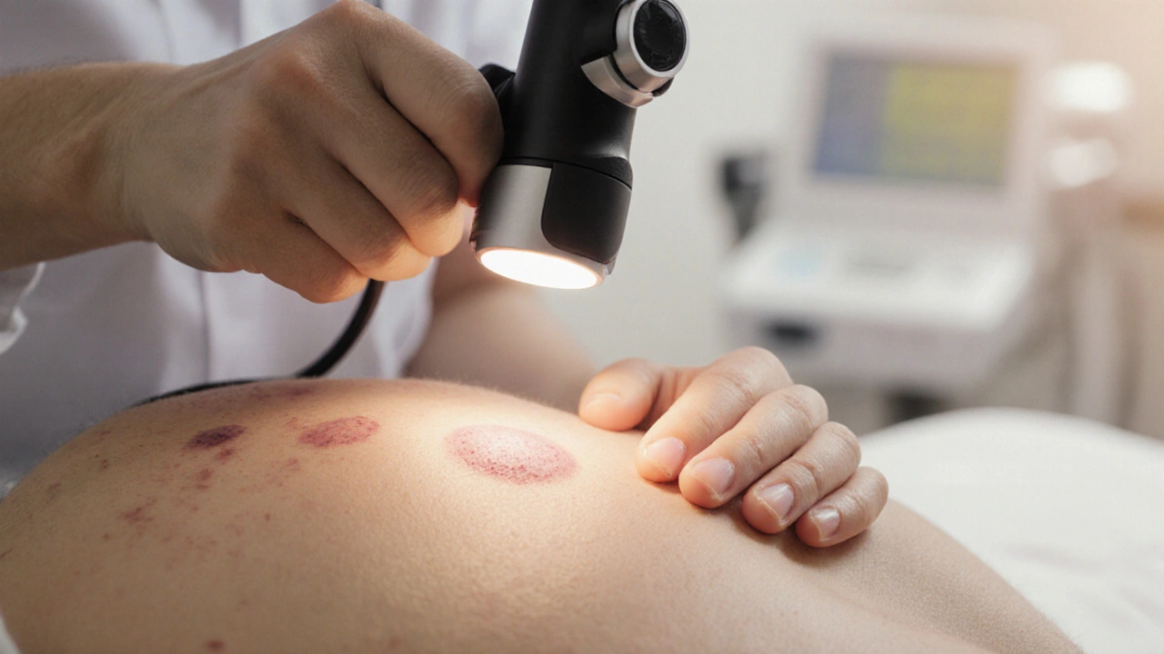 Dermatolog používá dermatoskop k prohlížení podezřelé skvrny na zádech pacienta.