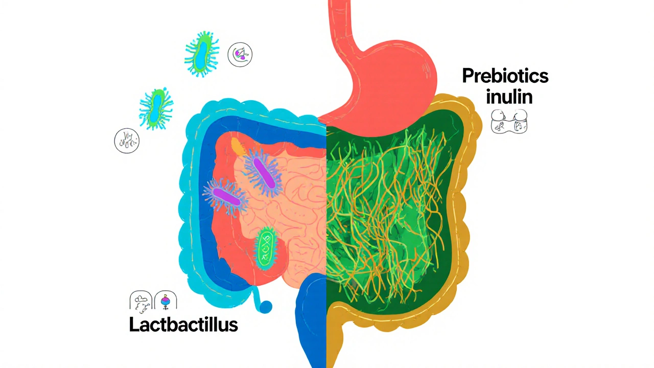 Dva srovnávací obrazy střev s probiotiky a prebiotiky v barevné ilustraci