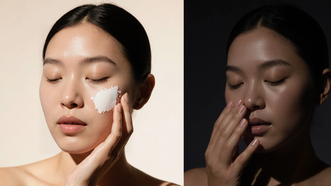 Dvě ruce aplikují sérum a krém v pořadí pro optimální péči.