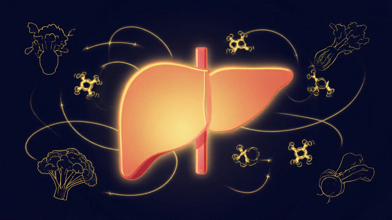 Glowing játra s molekulami hormonů, které se vylučují skrze pot, moč a stolici.