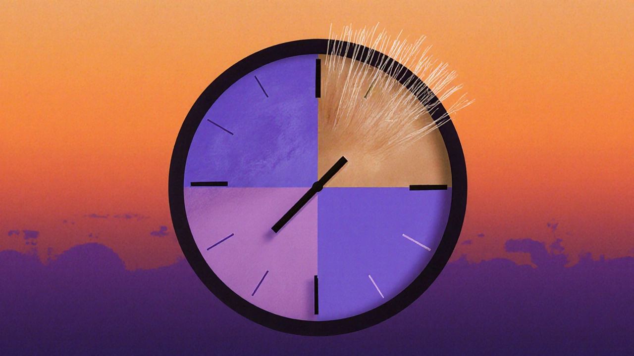 Hodiny s vlasy namísto ručiček, symbolizující různé metody odstraňování vlasů.