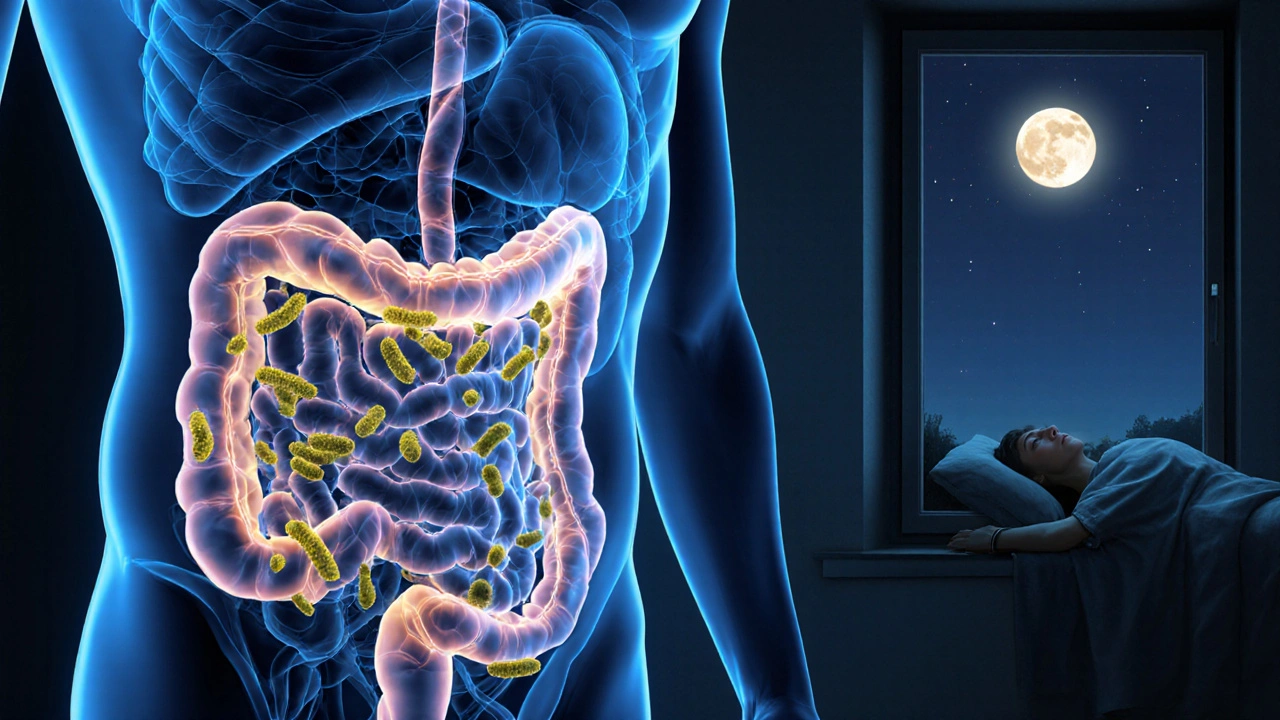 Ilustrace střev s přirozeně kolonizujícími probiotickými bakteriemi v nočním prostředí.