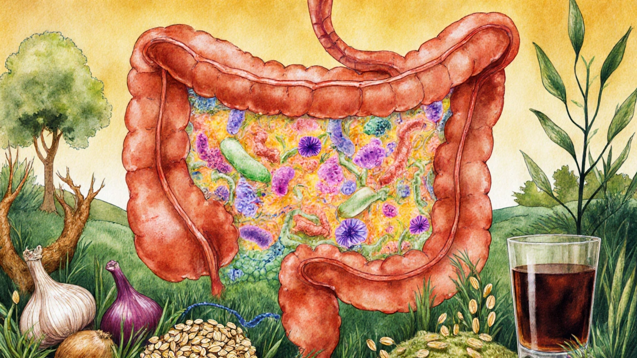 Ilustrace střev s prospěšnými bakteriemi žijícími mezi vlákninou a potravinami.