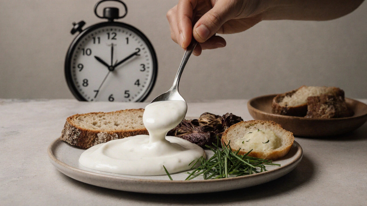 Jogurt s česnekem, chřestem a žitným chlebem na talíři.