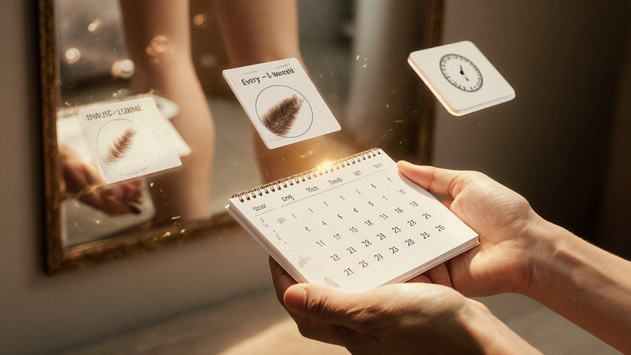 Kalendář s označenými dny epilace a symboly ukazujícími ztenčení vlasů a hladkou pleť.