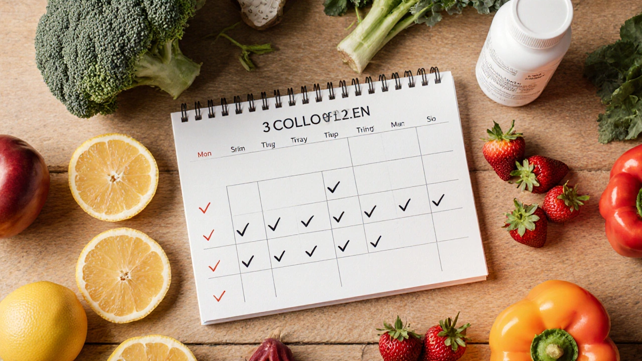 Kalendář s označenými dny užívání kolagenu spolu s potravinami bohatými na vitamin C na dřevěné tabuli.