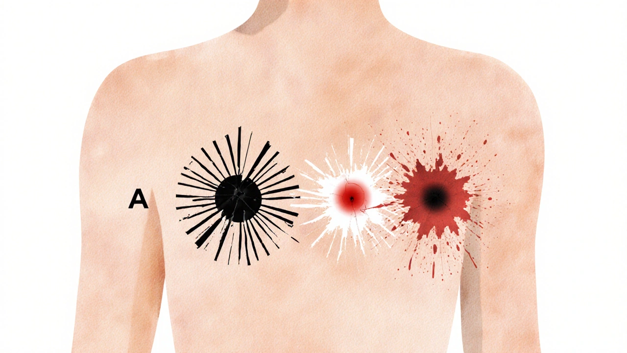 Koncepční ilustrace pravidla ABCDE pro rozpoznání nebezpečných kožních skvrn na siluetě těla.