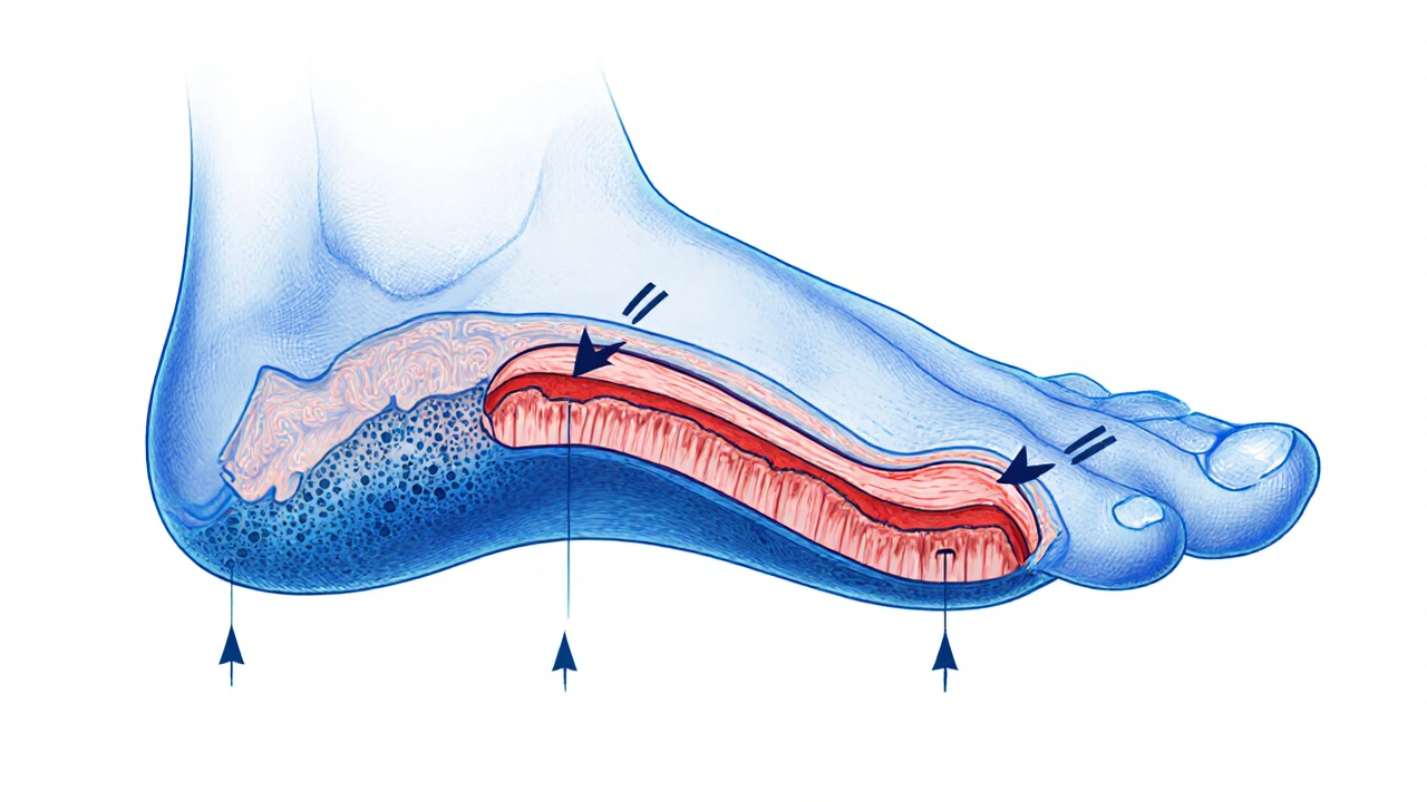 Křížový řez nohy ukazující hrubou kůži, houbu a vklíňující se nehet.