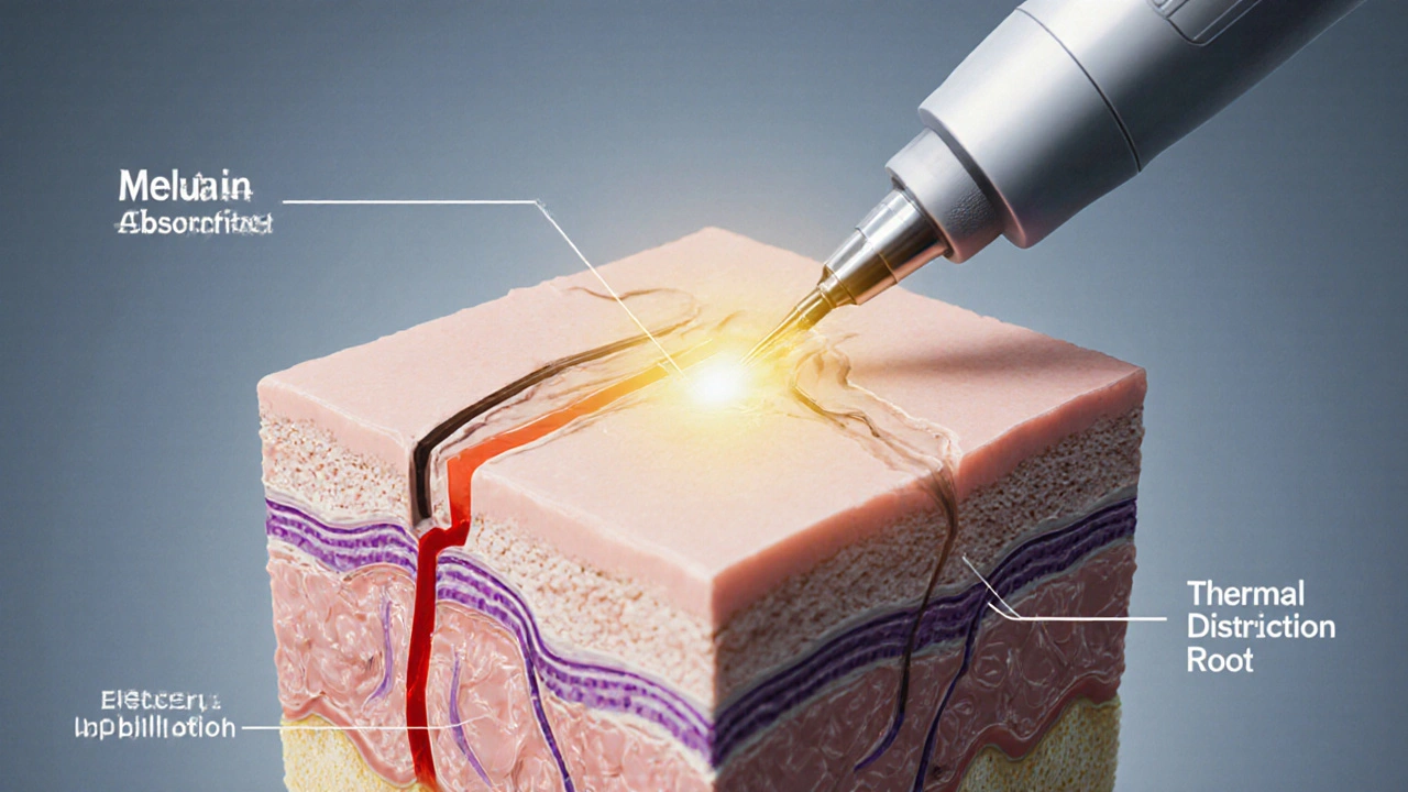 Křížový řez vlasového folikulu s laserem a elektrickou jehlou ničícími kořen.