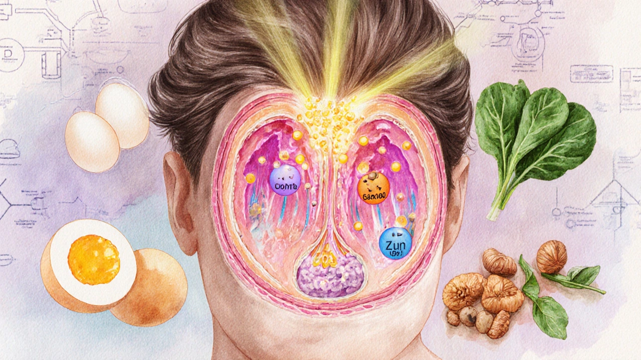 Křížový řez vlasového folikulu s přicházejícími živinami a přirozenými potravinami kolem.