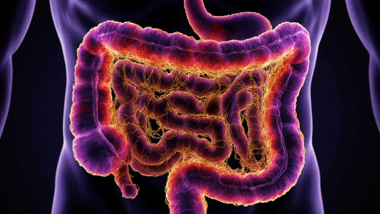Mikroskopický pohled na střevo, kde užitečné bakterie brání škodlivým patogenům.