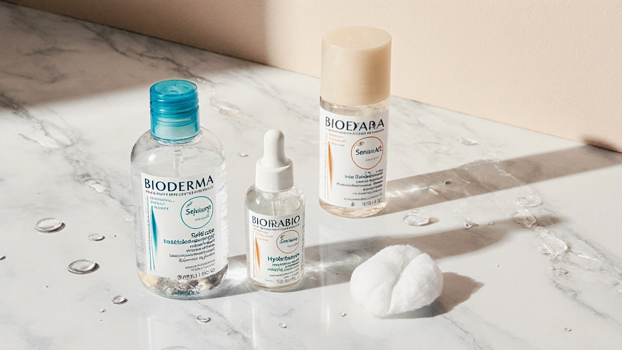 Minimální složení tří produktů Bioderma na bílé podložce s vodními kapkami.