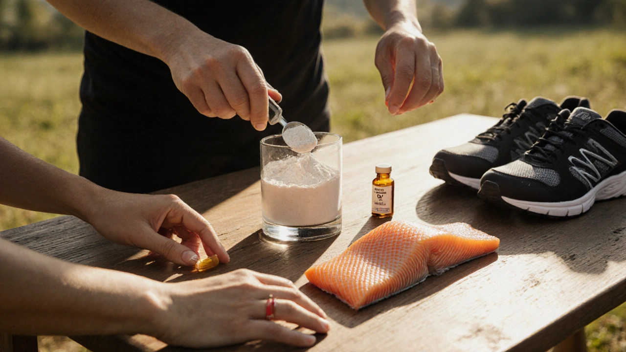 Na dřevěné tabuli leží kolagen, losos, vitamíny D3 a K2 a obuv – symbol přirozené léčby artrózy.