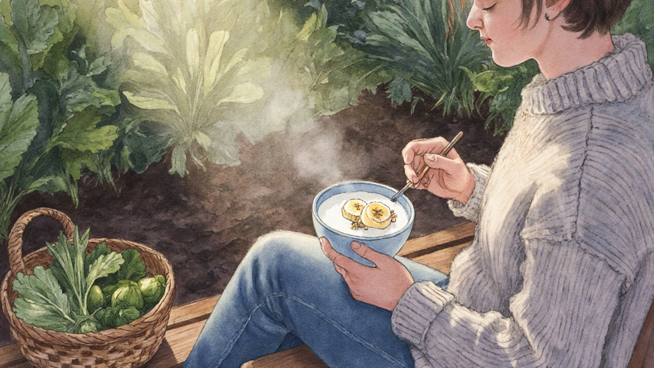 Osoba jí jogurt s banánem a česnekem v zahradě ráno.