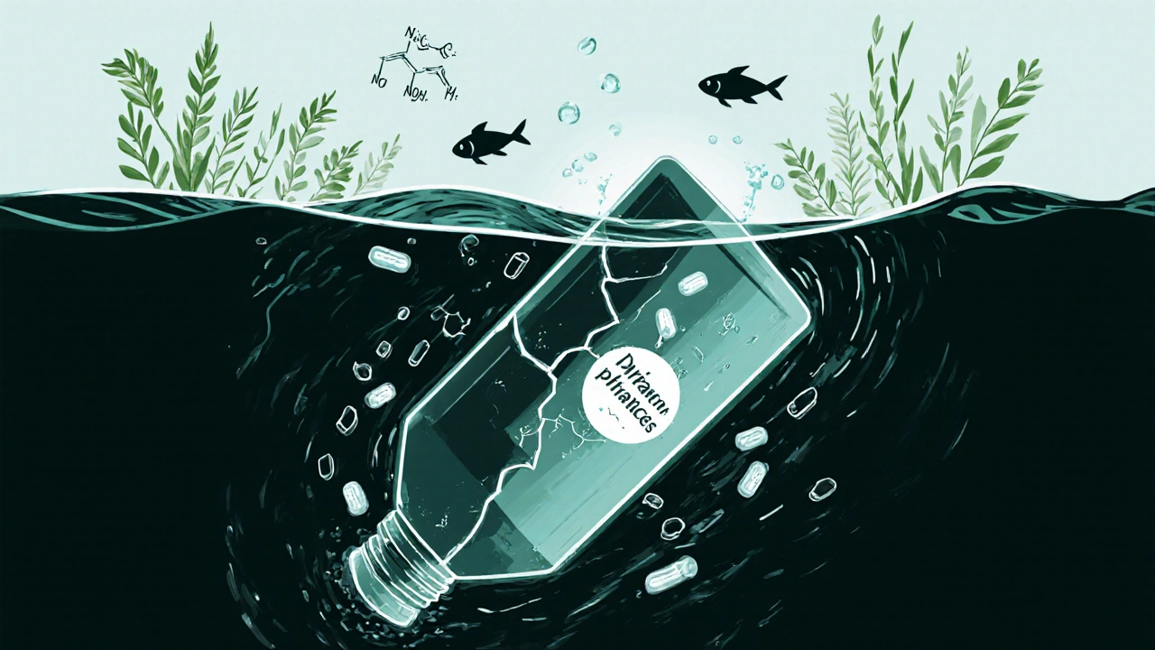 Poškozená láhev klesá do znečištěné vody s mikroplasty, zatímco čistá voda nahoře žije.
