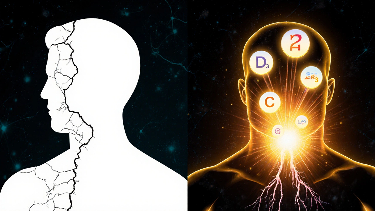 Postava s jednou stranou vyčerpanou a druhou naplněnou světlem vitamínů D3, B12, C, zinku a magnézia.