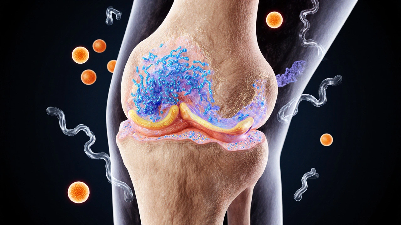 Přehled kloubu kolena s repairujícími molekulami kolagenu, vitamínu C a hyaluronové kyseliny.