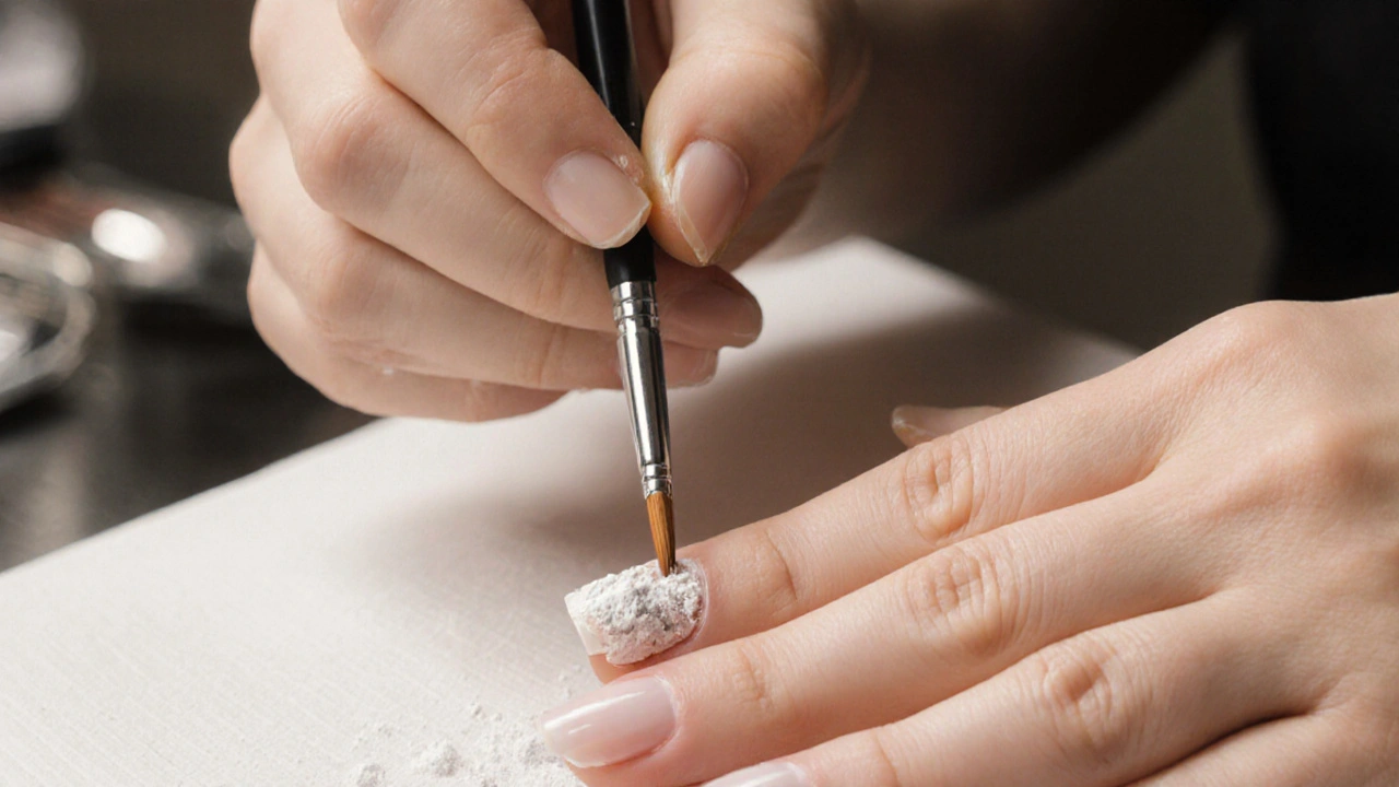 Profesionální aplikace akrylových nehtů pomocí prášku a monomeru.