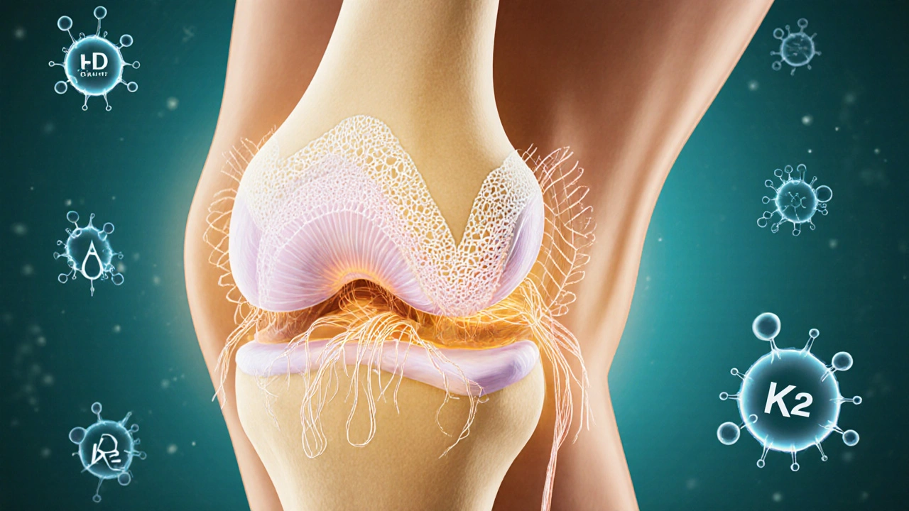 Průřez kloubu s obnovující se chrupavkou a molekulami kolagenu, vitamínů D3 a K2, omega-3.