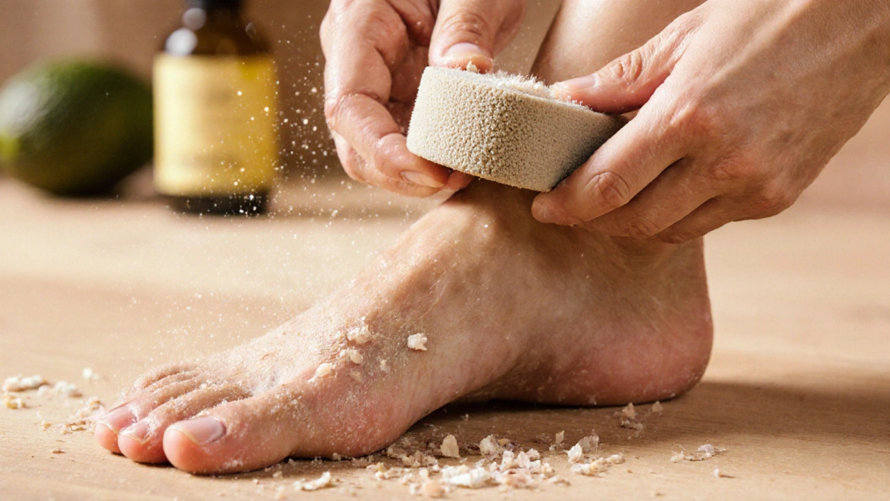 Ruce jemně odstraňují suchou kůži z pata pískovým kamenem.