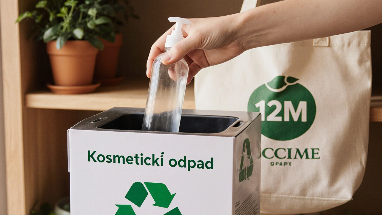 Ruka ukládá prázdnou láhev do speciálního kontejneru na kosmetický odpad v Brně.