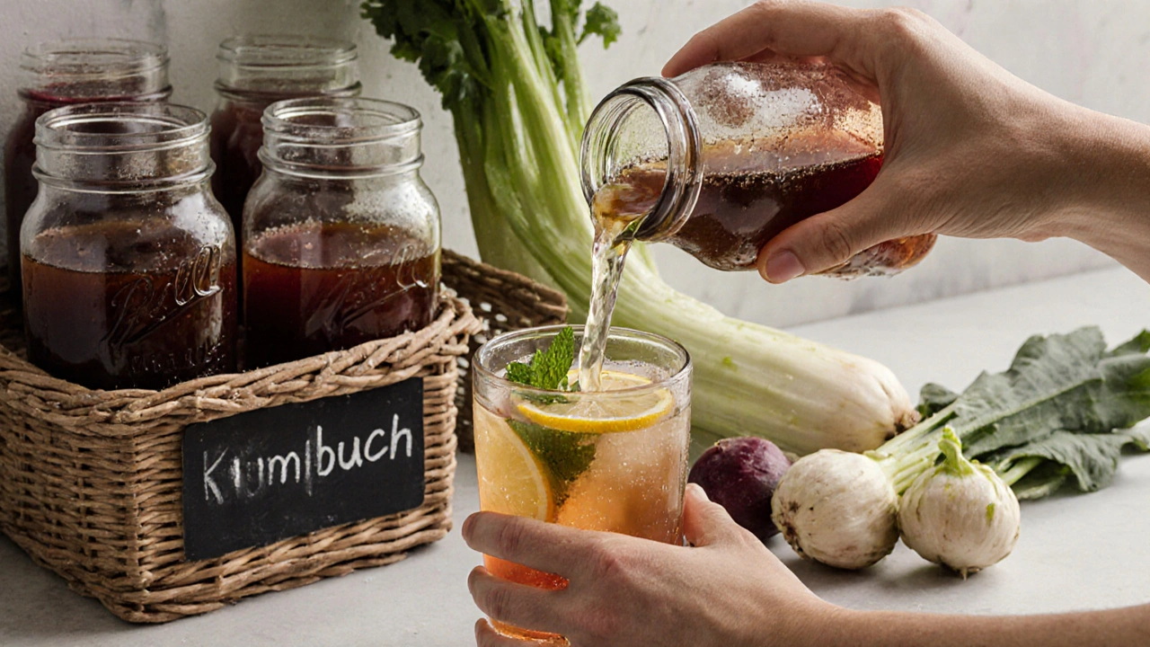 Sklenice kombuče s bublinkami, citronem a májí.