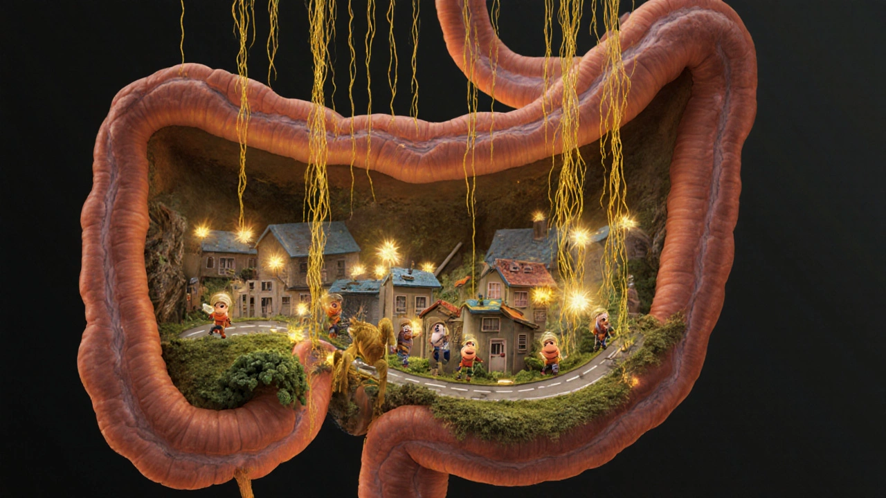 Surreální představa střevní mikroflóry jako města s bakteriemi a vlákninou jako potravou