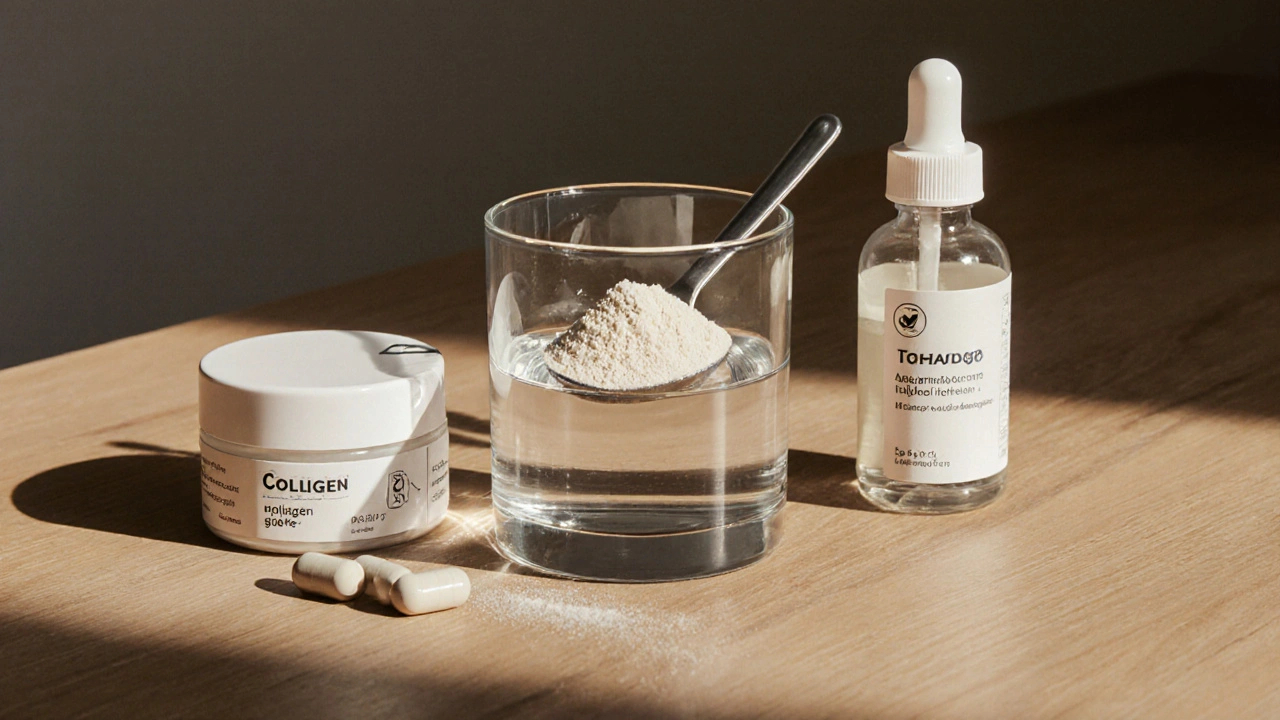 Tři formy doplňku s kolagenem typu 2: prášek, kapsle a tekutina na dřevěném stole.
