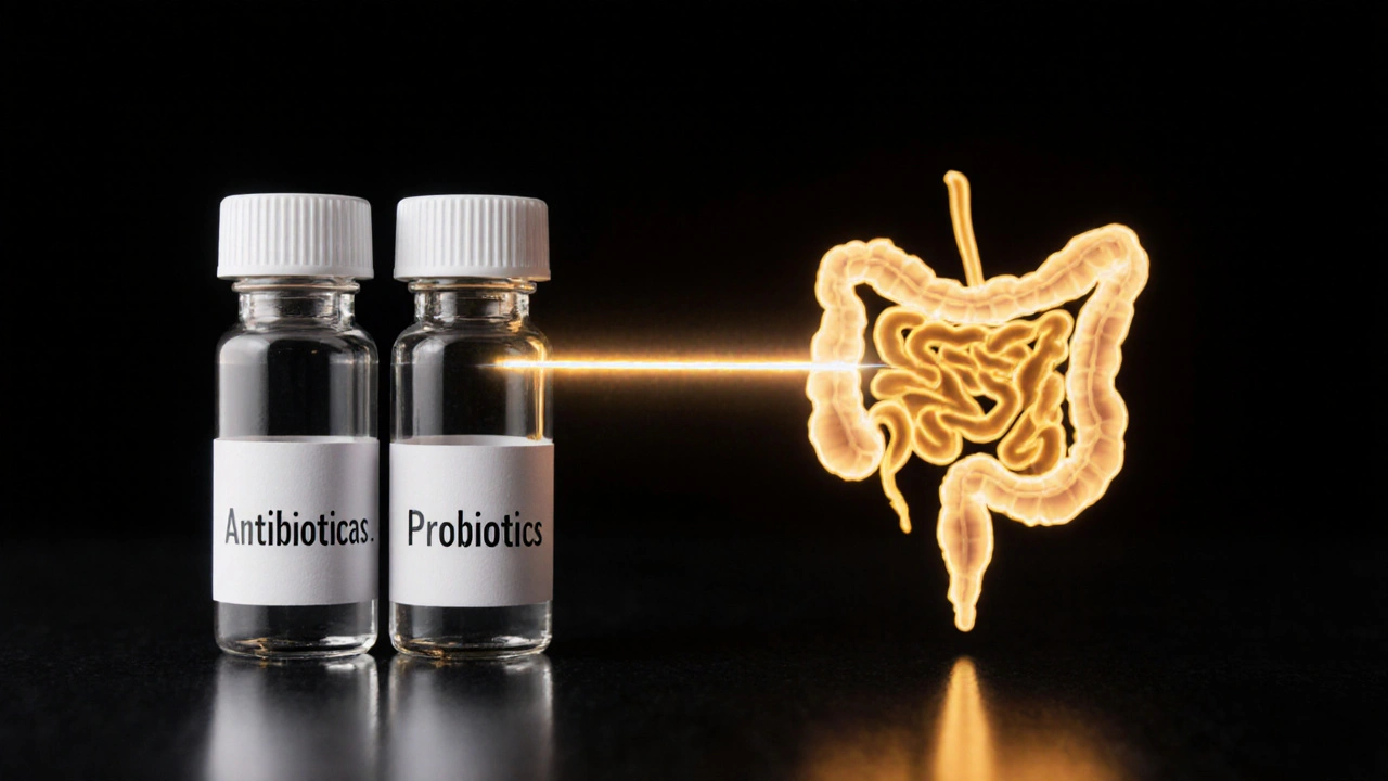 Tři skleněné nádoby symbolizující antibiotika, probiotika a obnovu rovnováhy v těle.