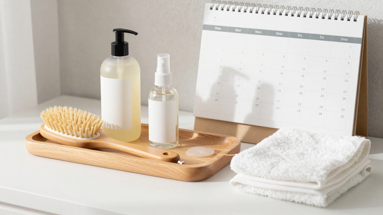Týdenní plán péče o kůži hlavy s kartáčkem, šamponem a tonikem na dřevěném podnosu.