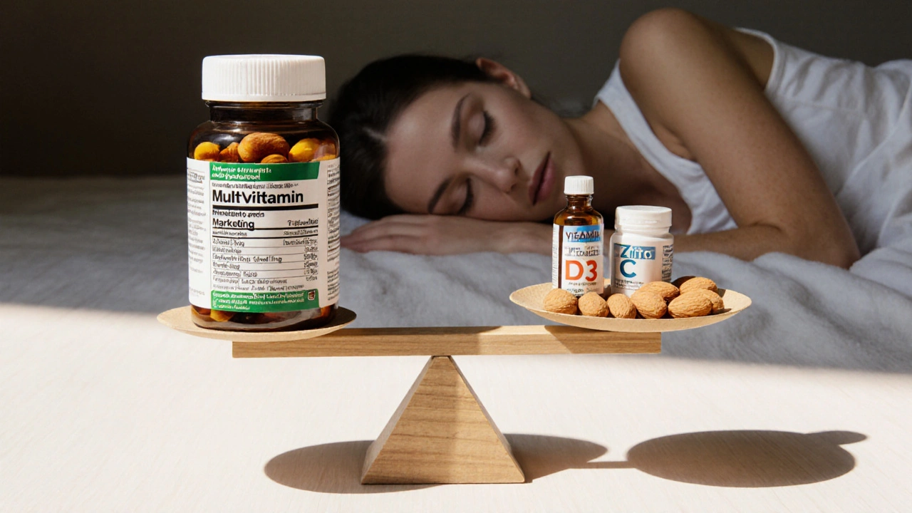 Váha s jednoduchými vitamíny na jedné straně a přeplněným multivitaminem na druhé, s ořechy a sluncem v pozadí.