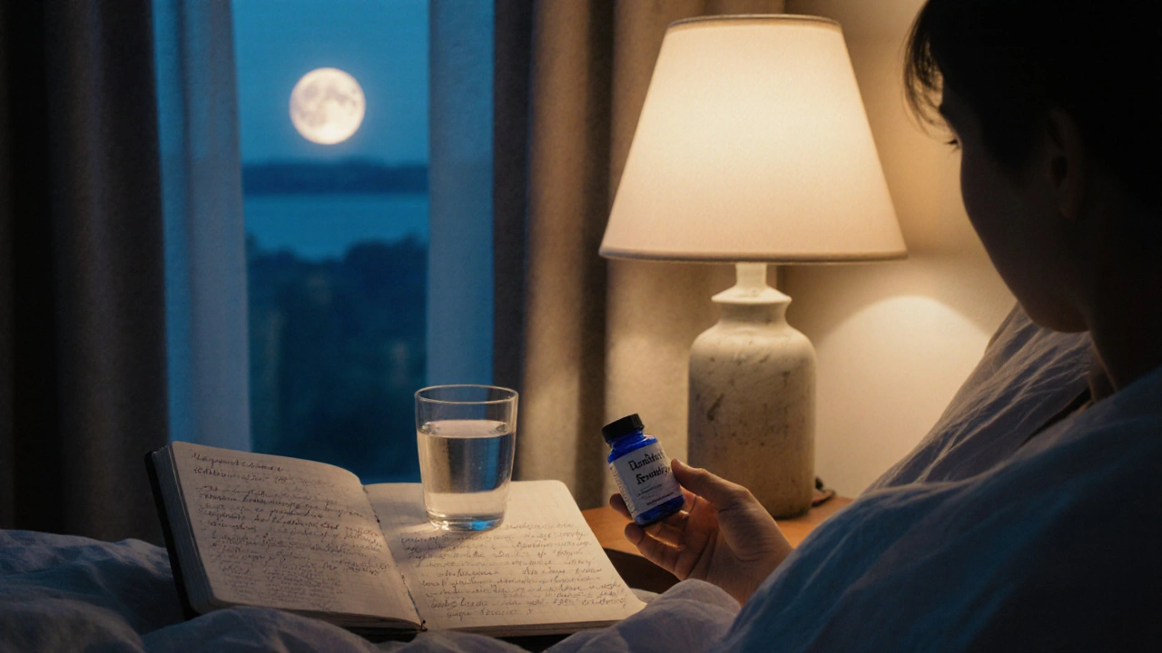 Večerní scéna v ložnici, kde osoba užívá magnézium a zinek před spaním pod měkkým světlem lampy.