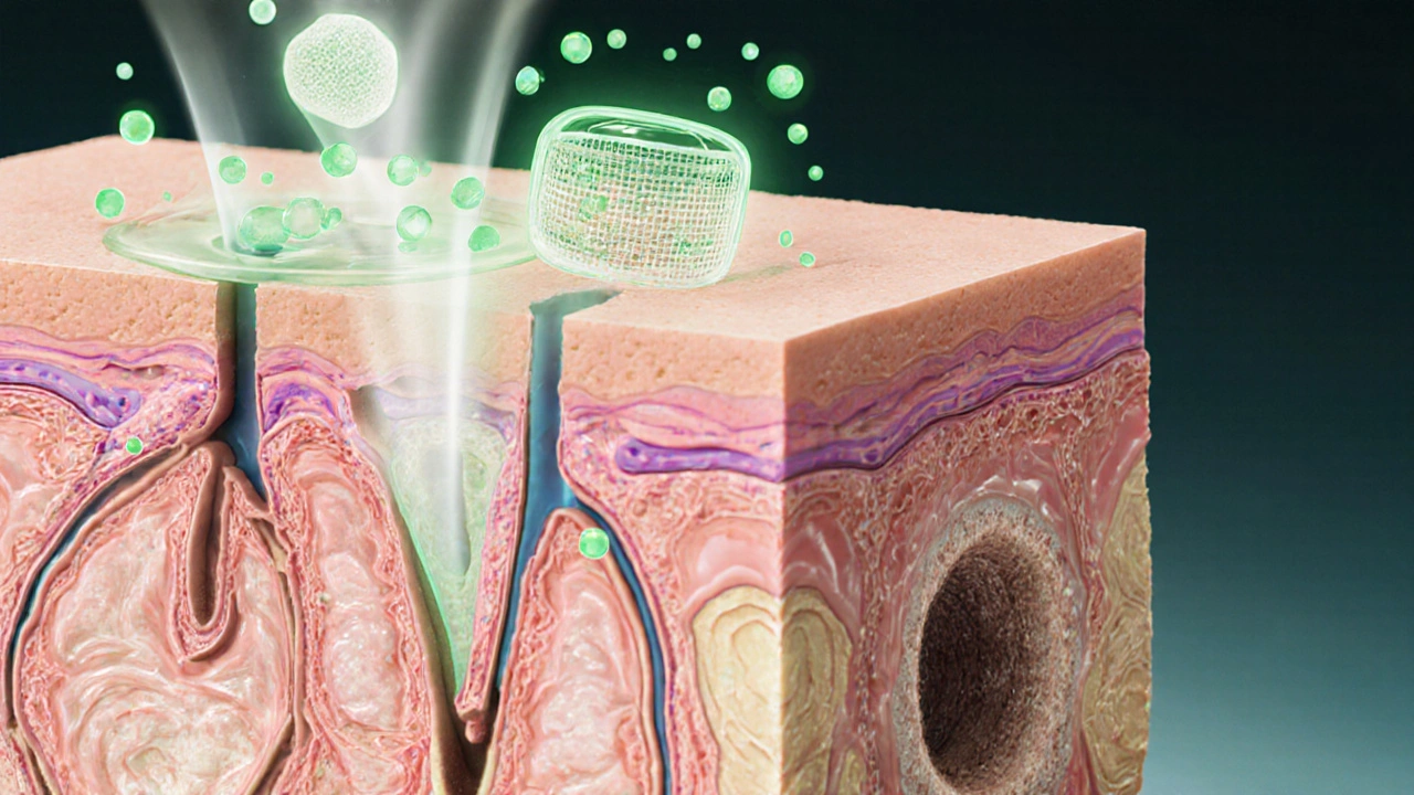 Vědecká ilustrace kůže s technologií Fluidactiv regulující přebytečný tuk.